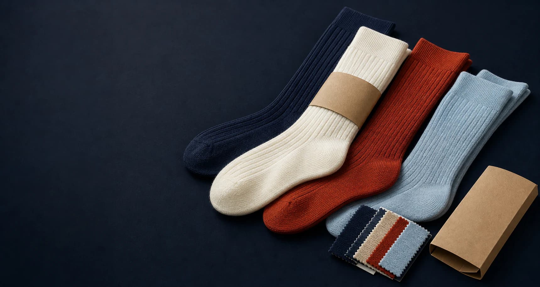 Illustrative custom sock product direction with unbranded packaging and material swatches