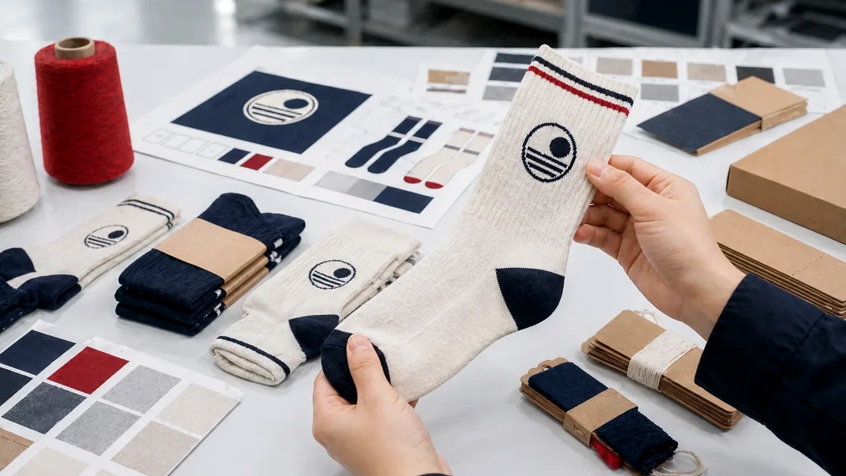 Close custom logo sock placement board with knit logo sample, artwork sheet, yarn colors, and packaging context