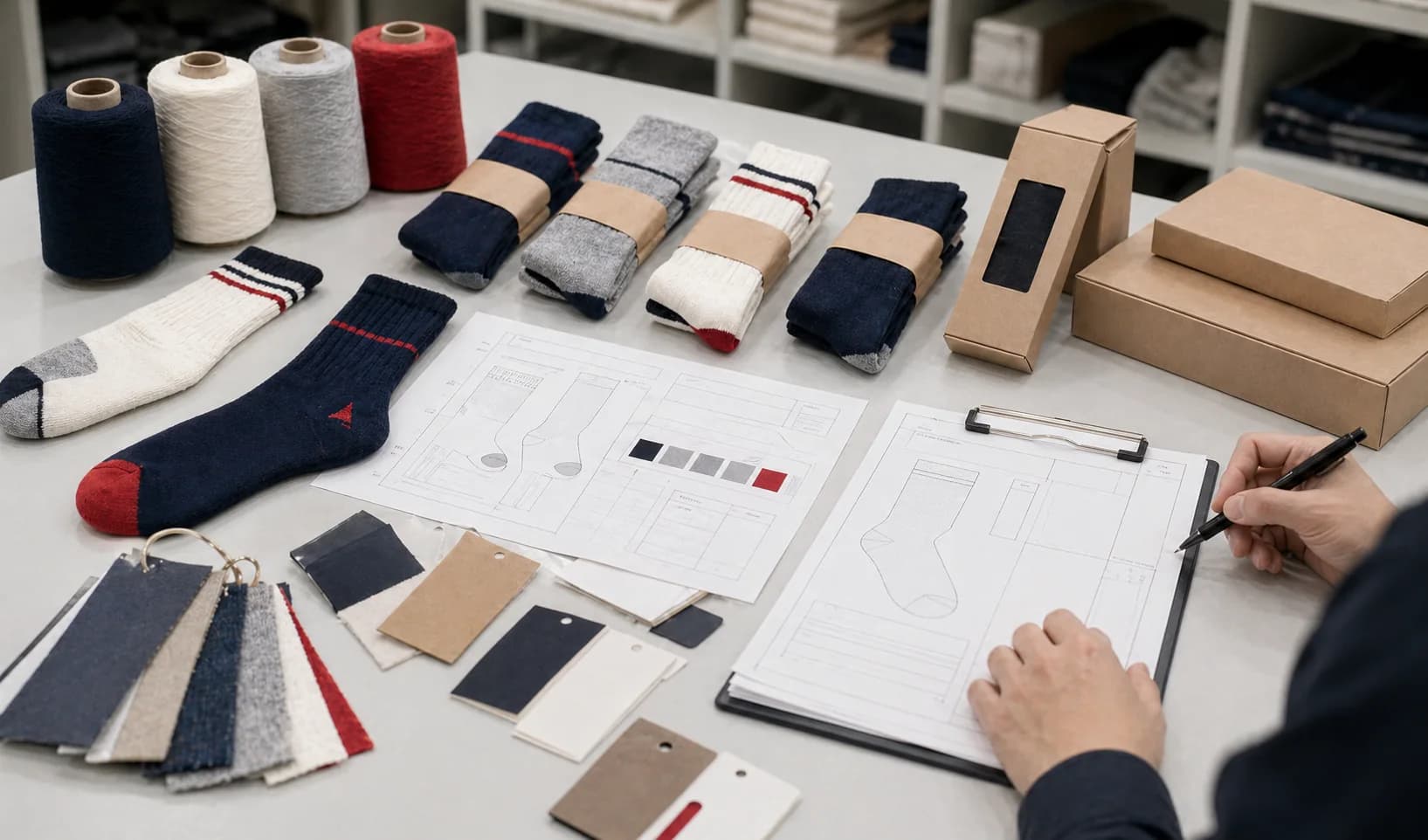 OEM review board with sock samples, yarn, specifications, and neutral packaging references