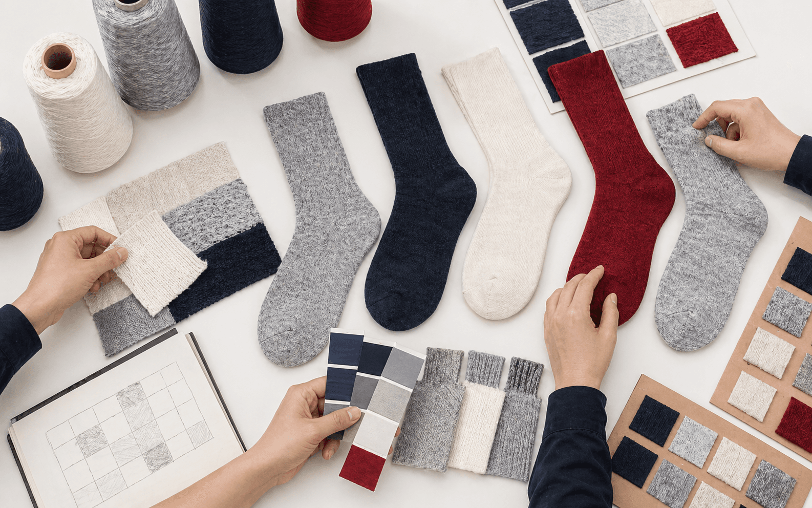 Grouped sock assortment, material swatches, and review cards arranged as a Korean commercial product board