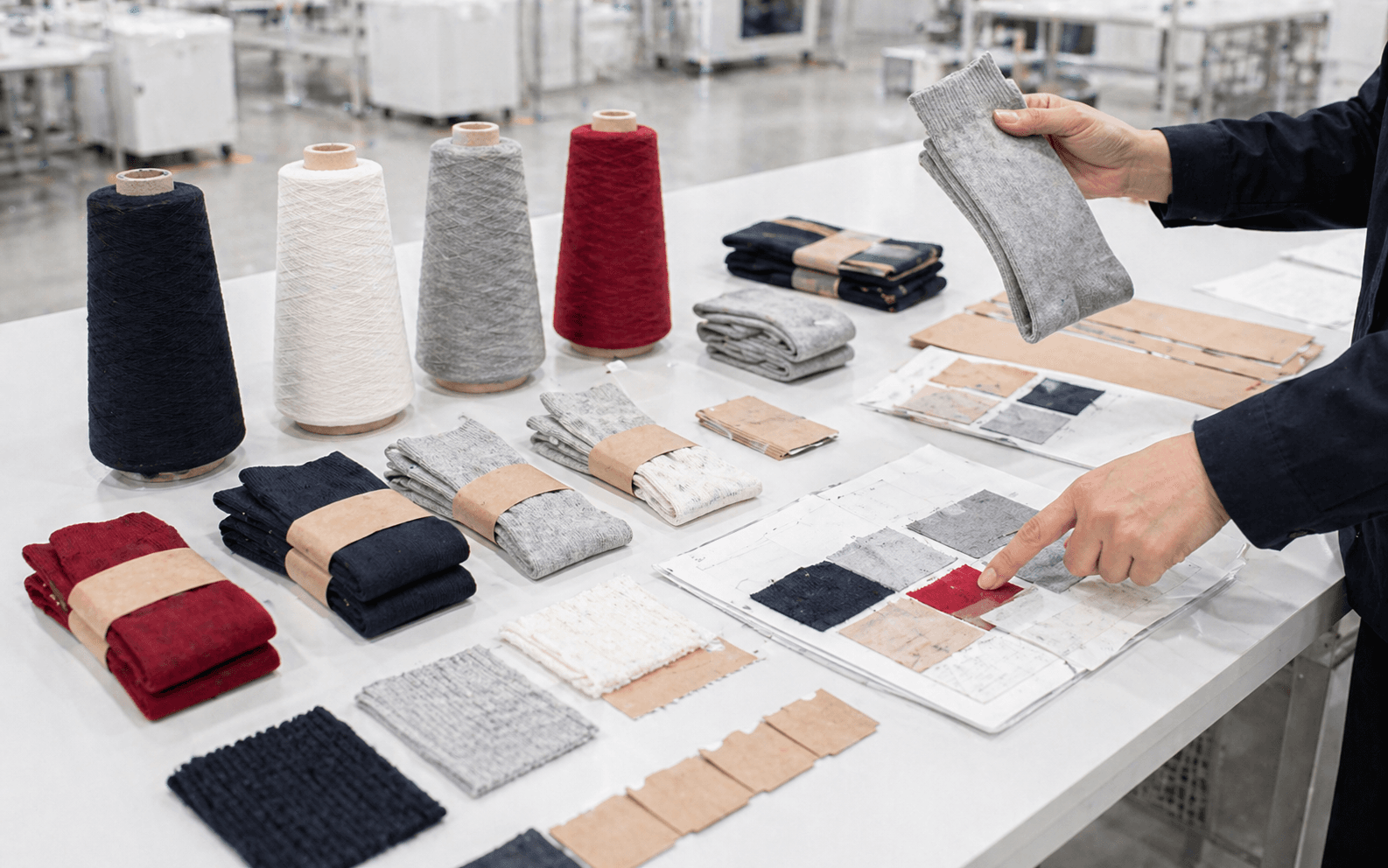 Buyer-facing review desk with sock samples, yarn cones, and packaging references