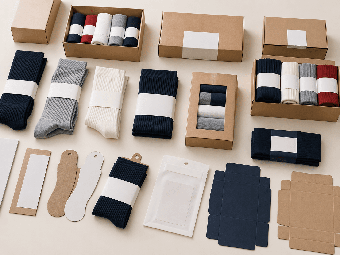 Clean packaging grid showing grouped sock pack-out formats and product-system cues