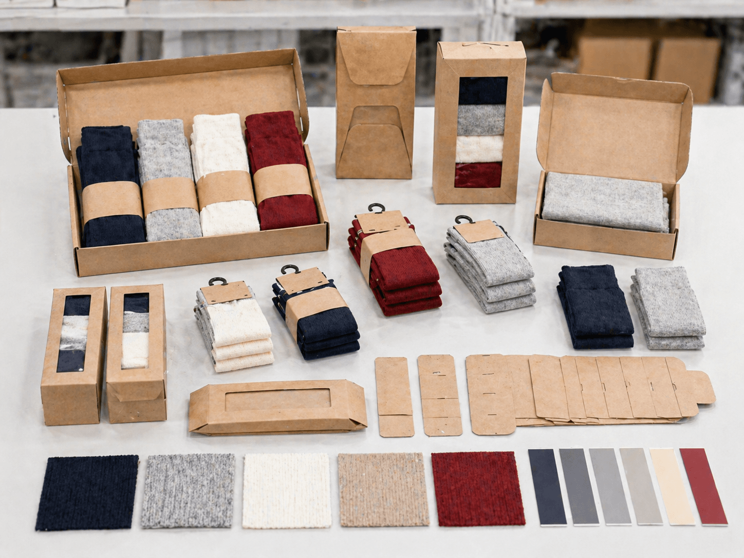 Structured sock packaging system board with boxes, wraps, and grouped pack-out formats