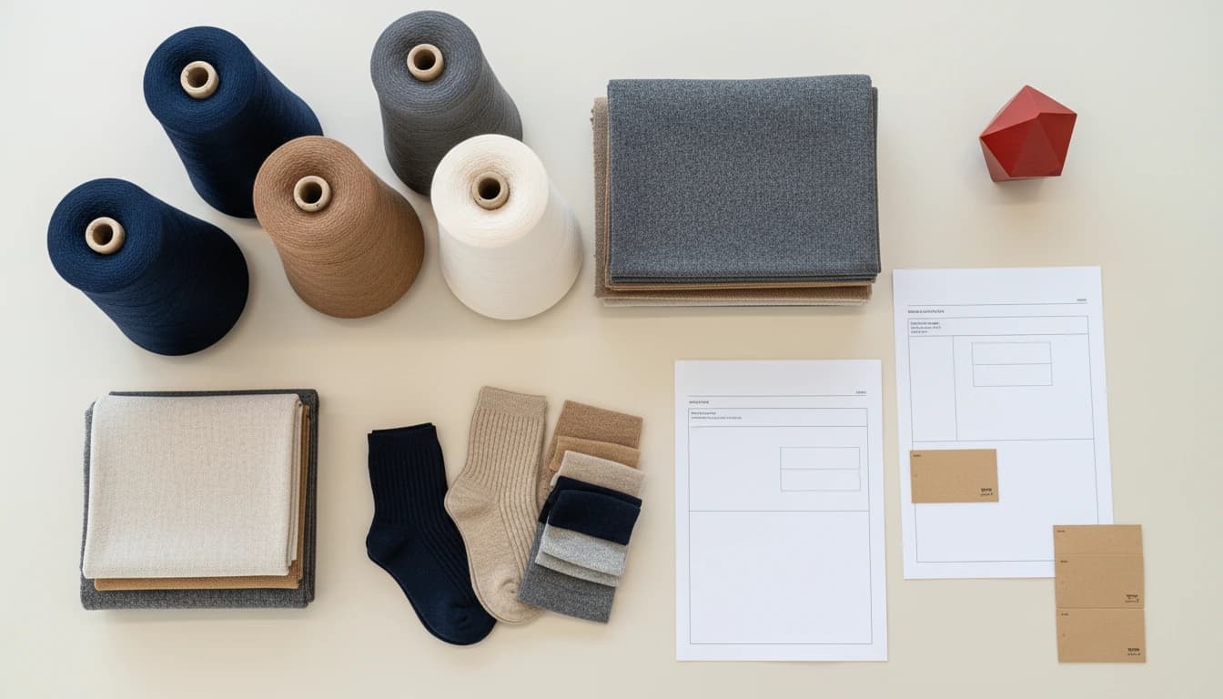 Material sample cards and yarn cones arranged for quantity planning review