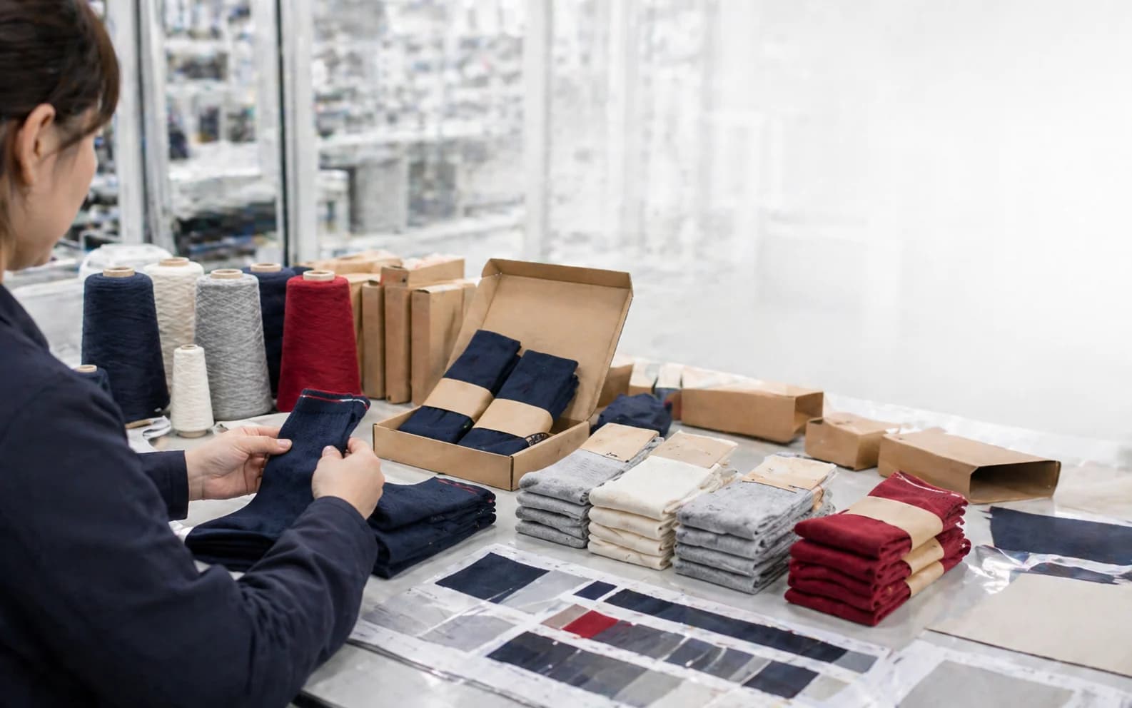 Production workflow cards arranged to illustrate sampling, approval, and shipping stages