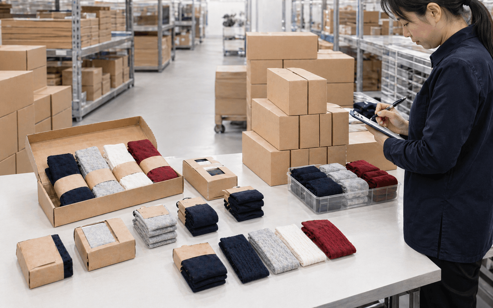 Shipment staging view with cartons and grouped custom sock bundles