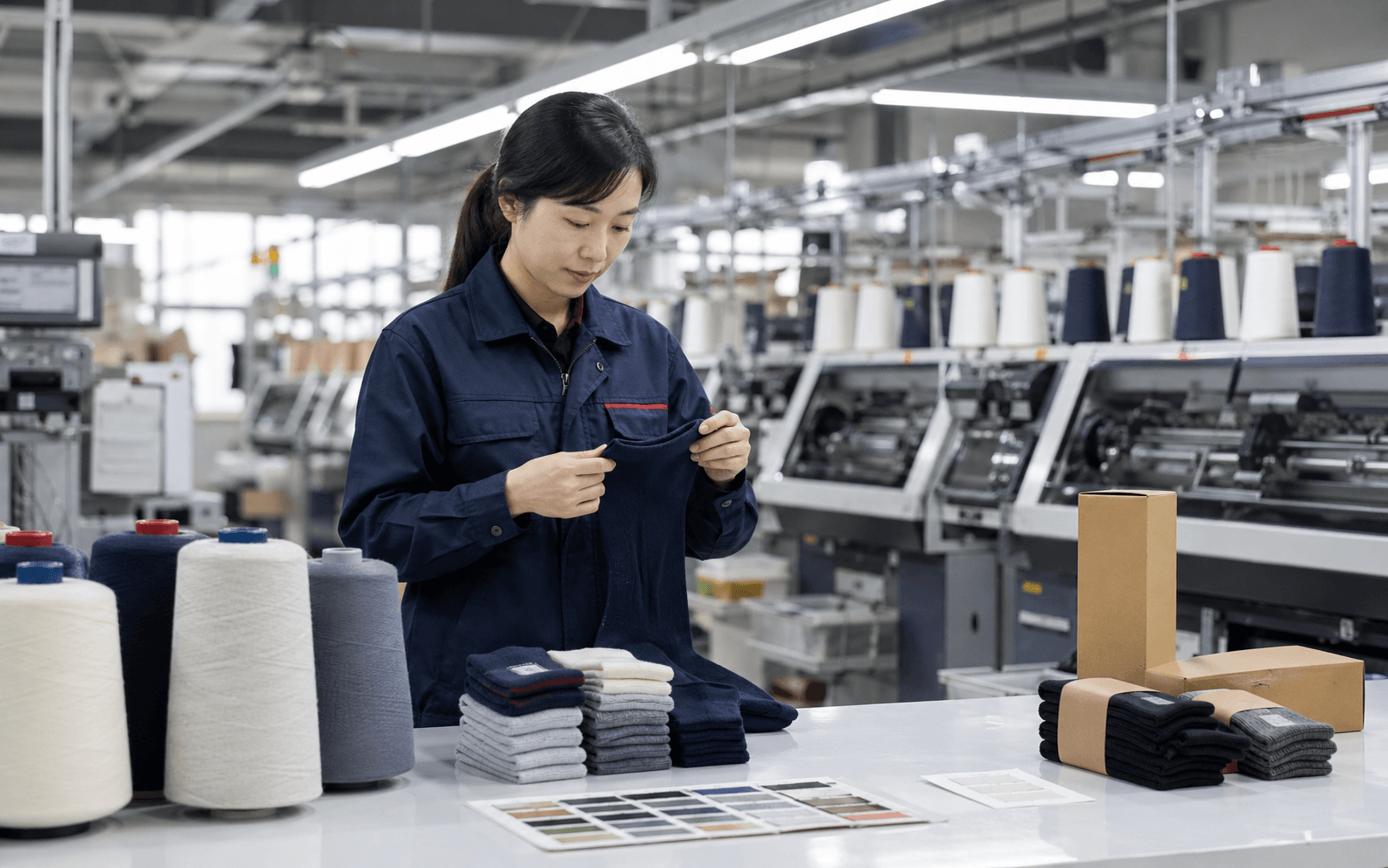 Modern sock production floor with active product review, yarn, and pack-out context