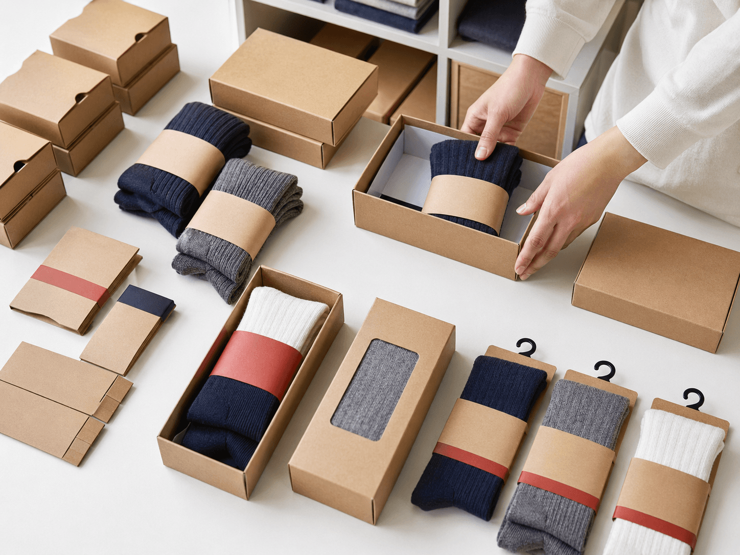 Retail-ready sock bundles and kraft boxes arranged as a commercial opening frame