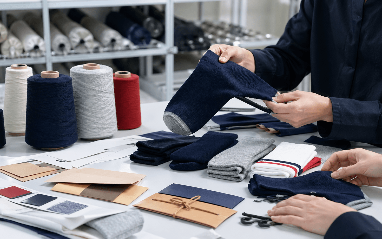 Hands reviewing socks, materials, and packaging references together