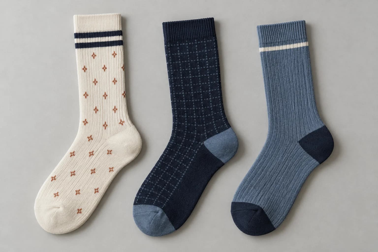 Illustrative ivory patterned, navy patterned and steel-blue ribbed adult crew sock concepts