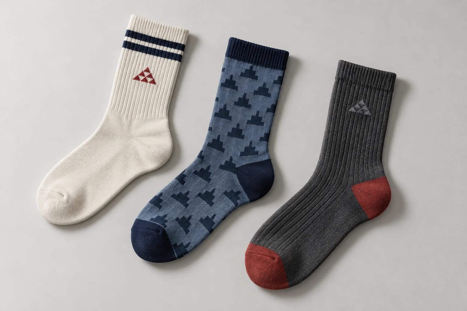 Illustrative striped ivory, geometric blue and contrast-heel charcoal crew sock designs