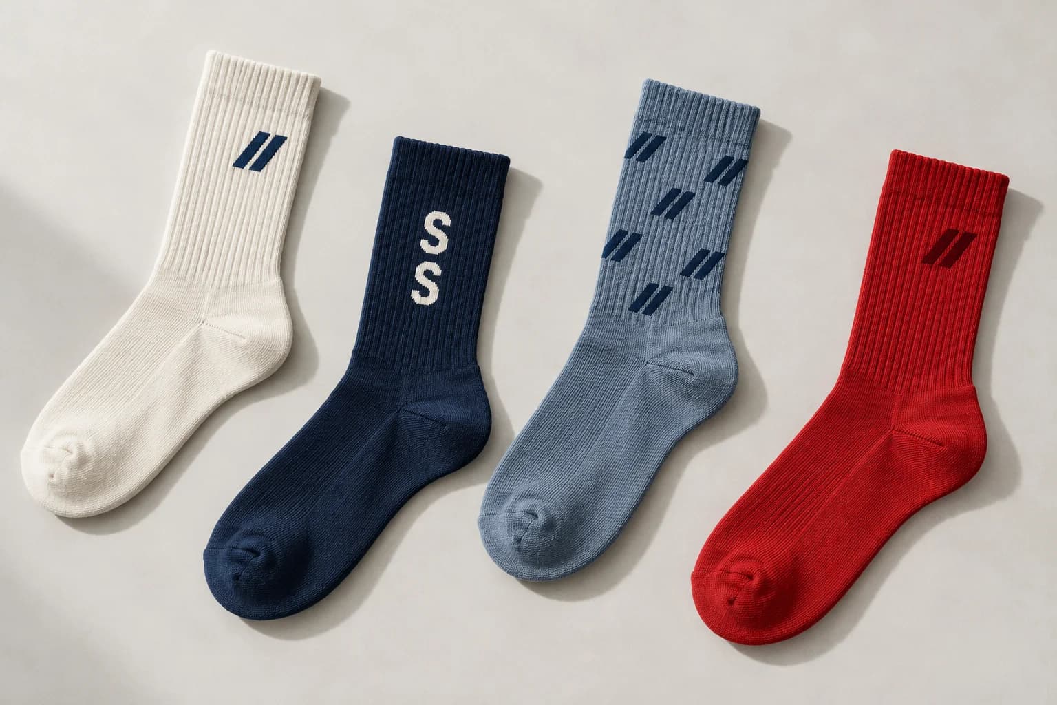 Illustrative sock concepts with a small symbol, SS monogram, repeat pattern and tonal mark