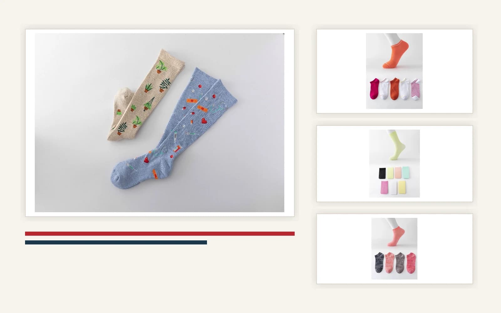 Assorted SaySock source product sample photos arranged as a commercial sock product board