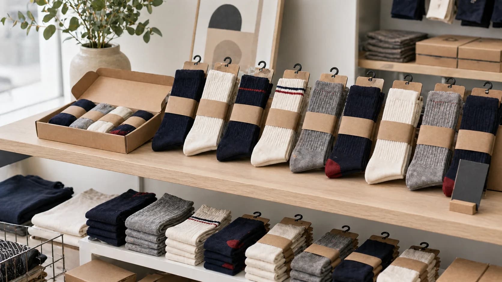 Boutique retail sock display with hang cards, folded socks, and shelf-ready product blocks
