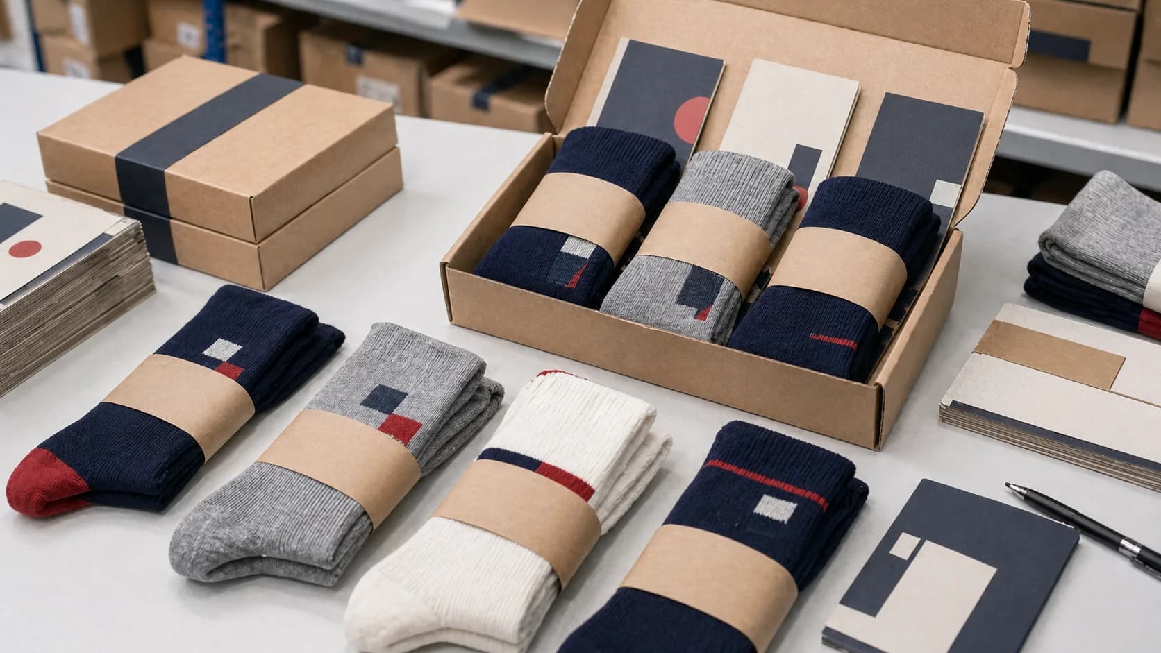 Promotional sock kit with wrapped socks, neutral presentation cards, and packaging review context