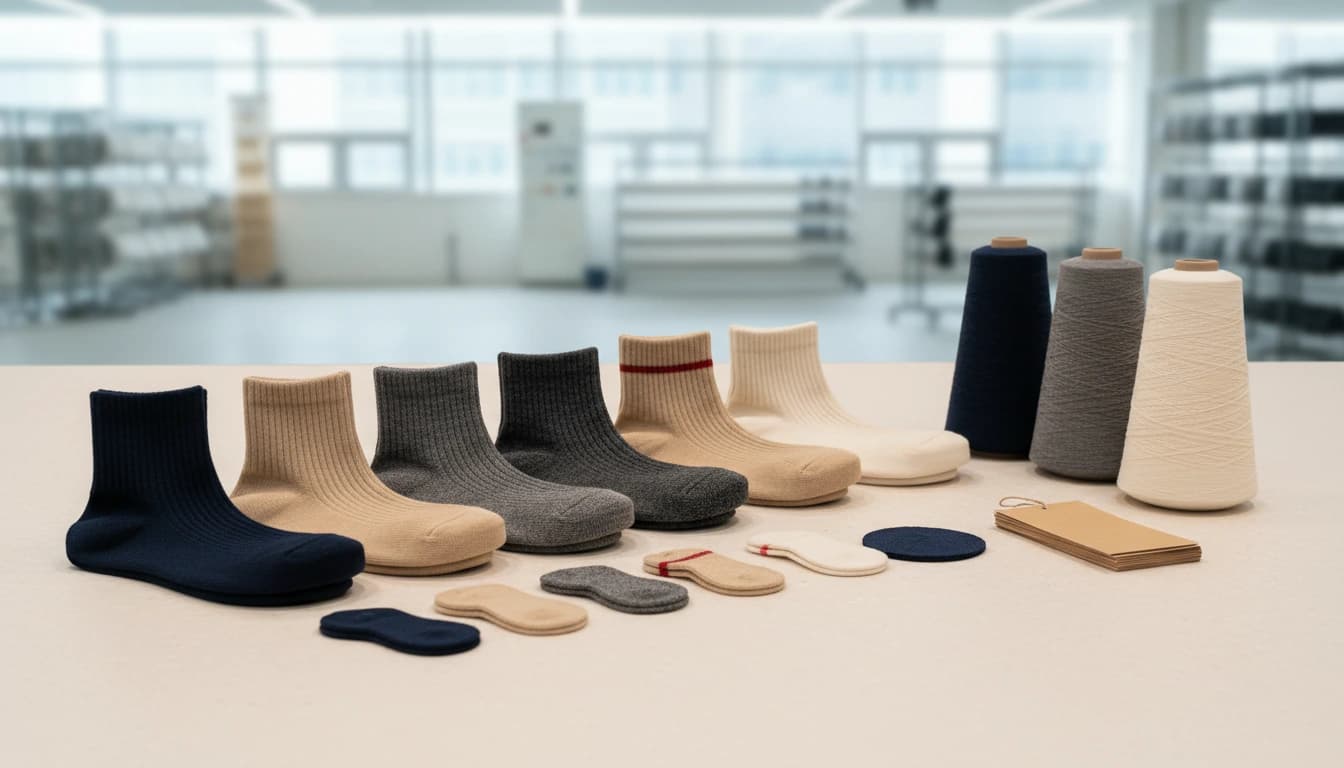 Crew sock material assortment with ribbed socks, yarn cones, blank tags, and color pucks