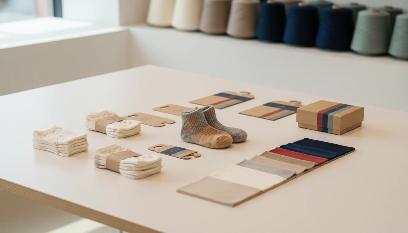 Korean-inspired baby and toddler sock sample table with small ribbed socks, soft knit swatches, kraft packaging, and muted bojagi color cues