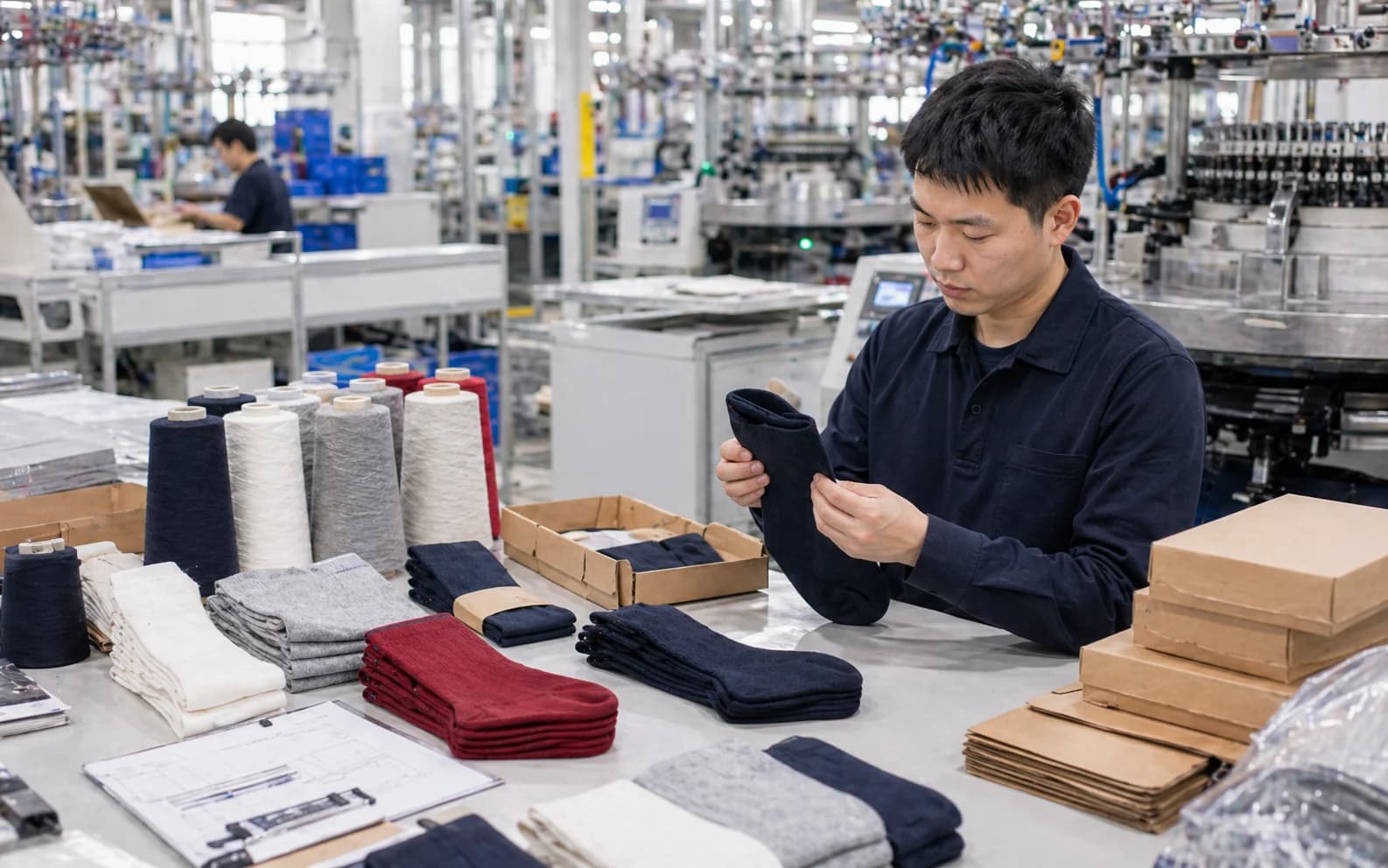 Product and inspection review scene with sock samples, yarn, cartons, and quality context