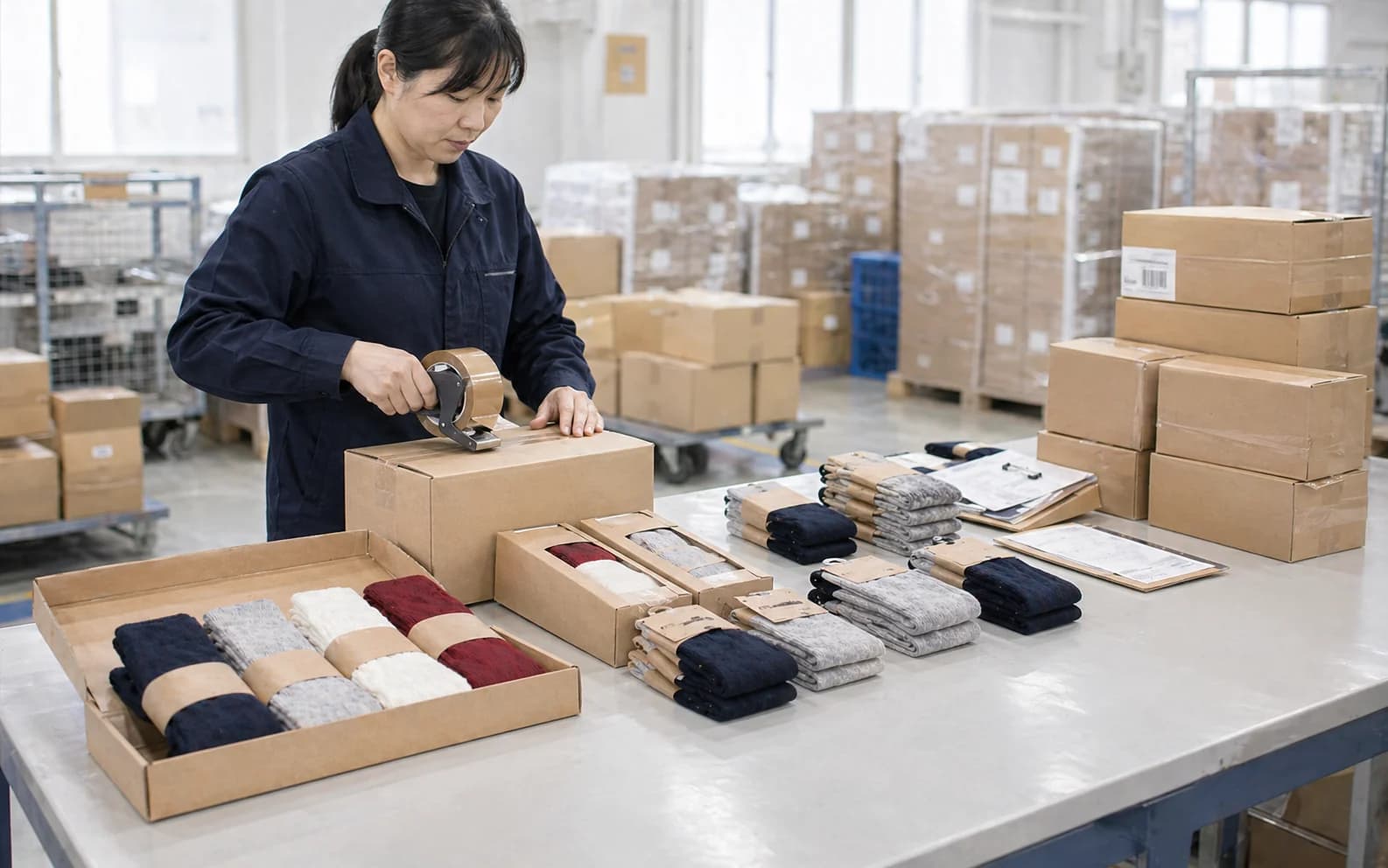 Export carton check with wrapped socks, kraft boxes, packed cartons, and shipment documentation