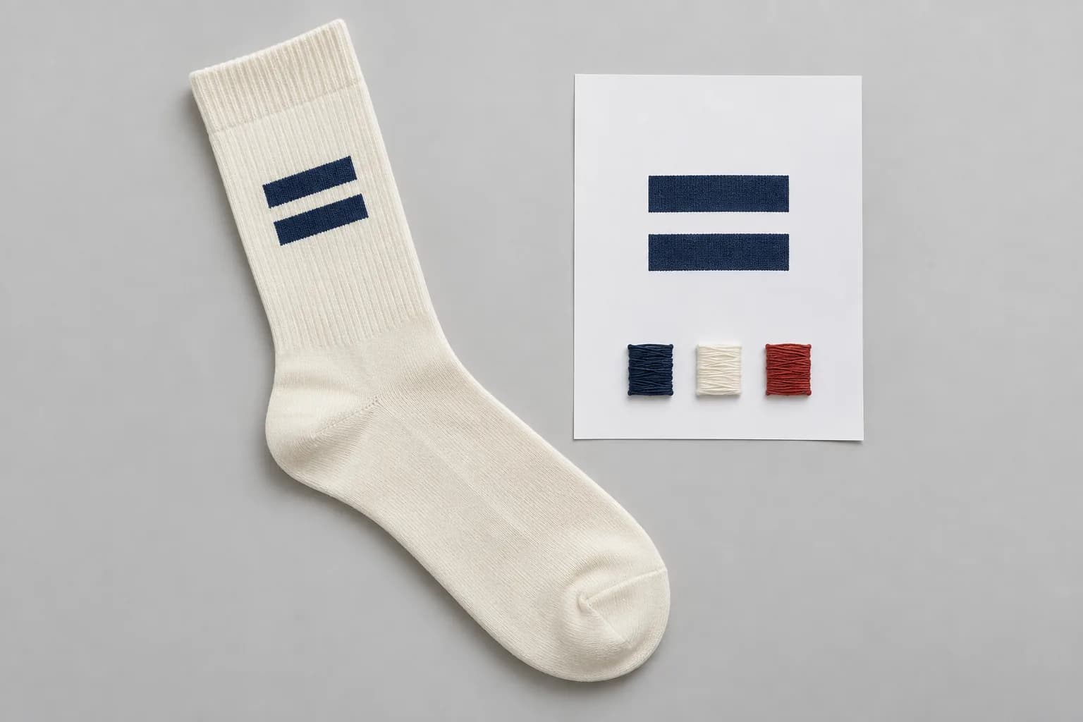 Illustrative ivory sock with a double-bar motif, matching artwork and yarn swatches