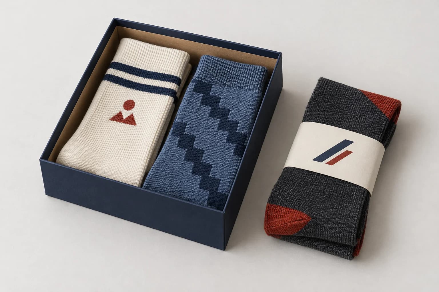 Concept illustratif de chaussettes à rayures et motifs dans un coffret bleu marine, avec une paire sous bandeau