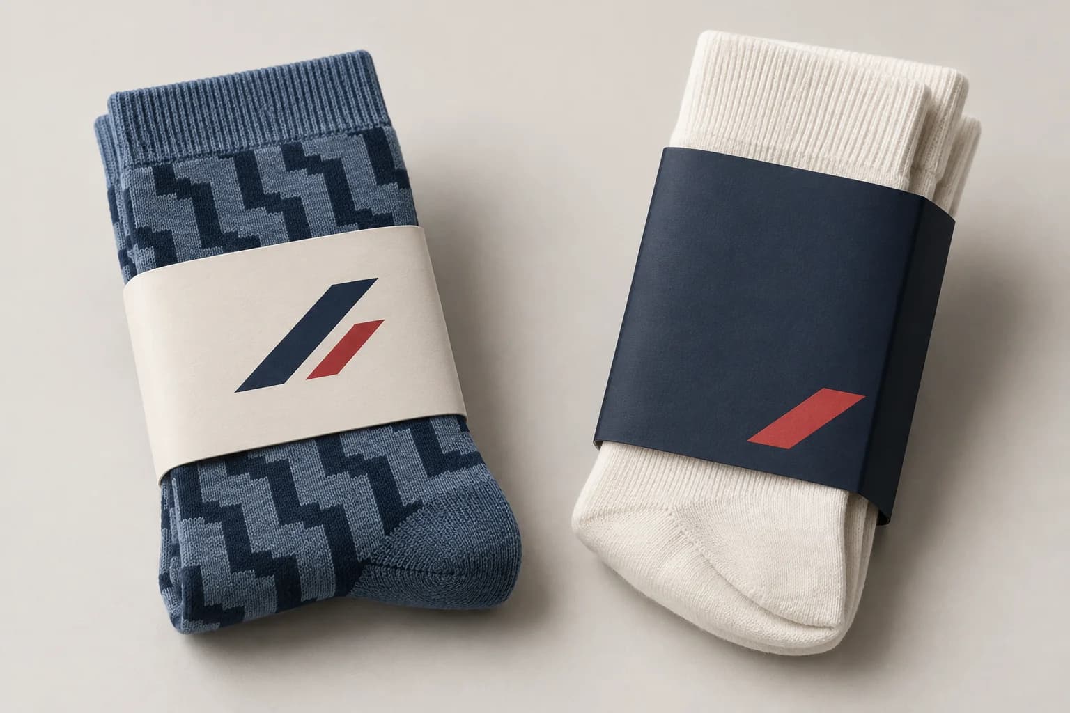 Illustrative patterned blue socks in a paper band beside ivory socks in a navy retail sleeve