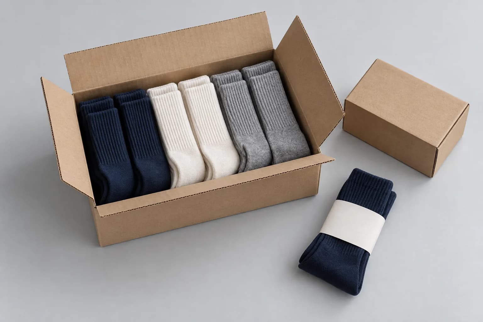 Illustrative folded sock assortment in one carton with an unbranded band and inner box
